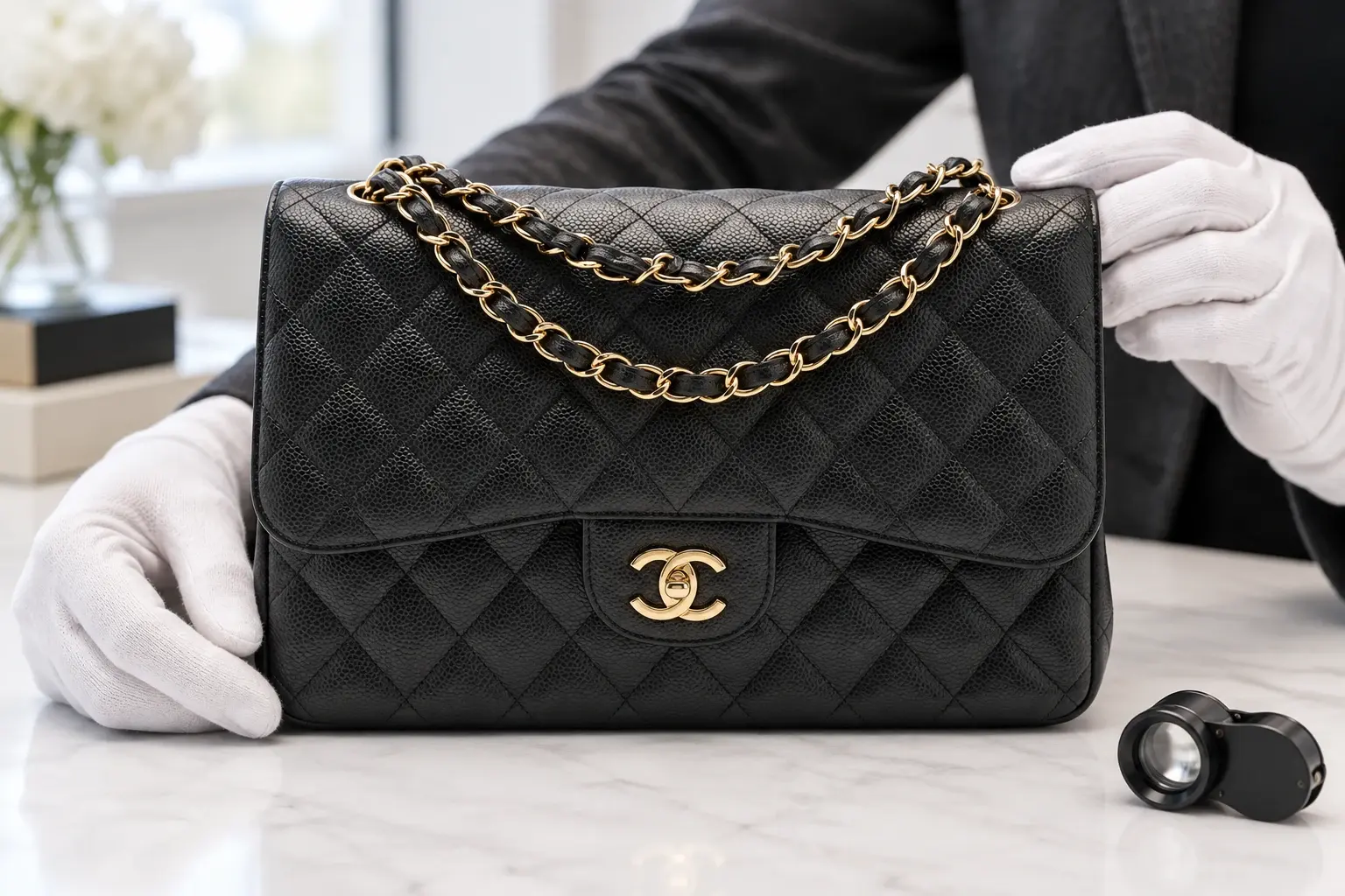 A gloved specialist inspecting a black Chanel Classic Flap bag