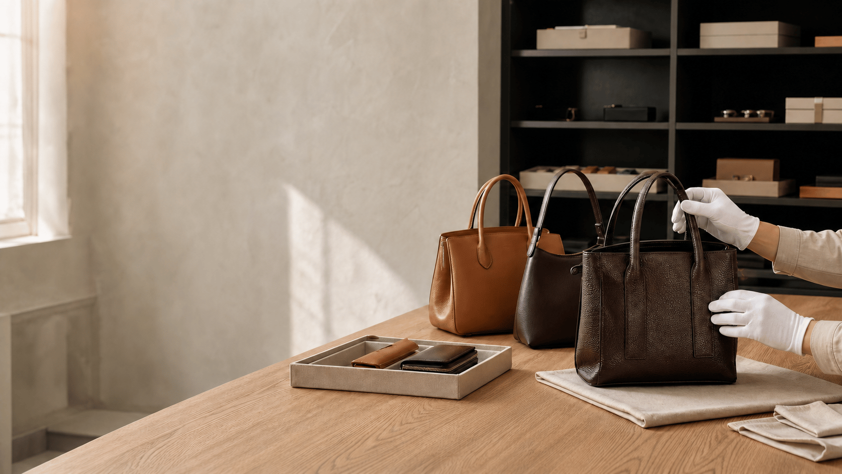 Unbranded pre-owned leather bags arranged with condition-check tools on a worktable